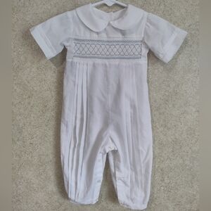 Hand Smocked Romper Peter Pan Collar Blue White by Barbara P Brown